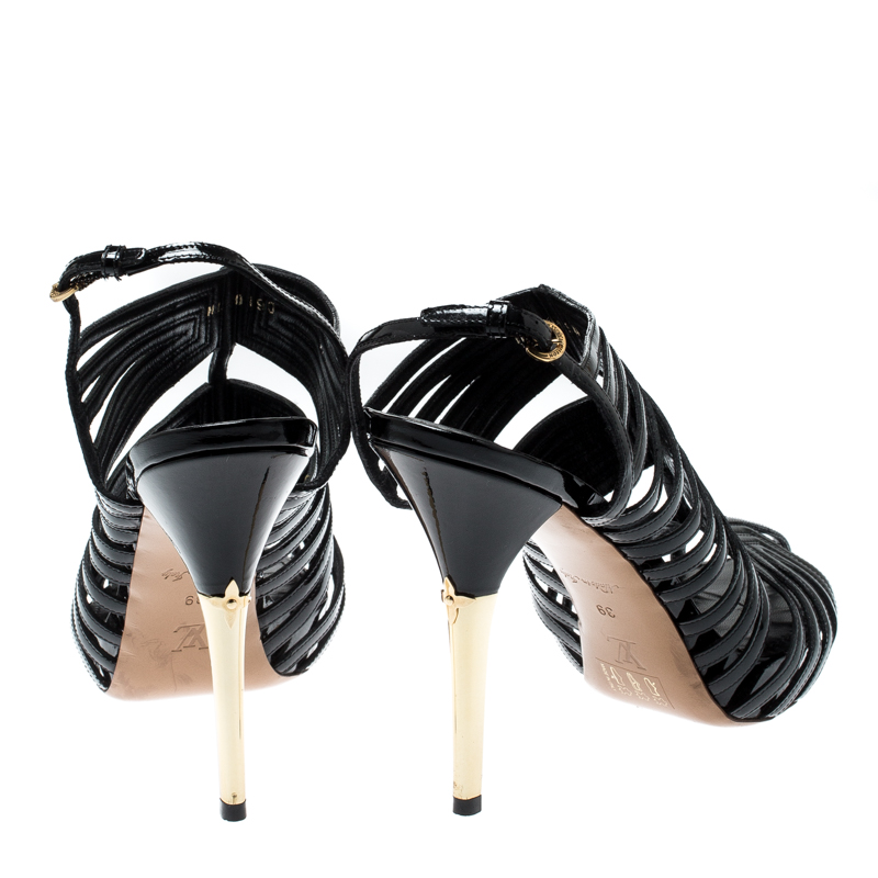 Pre-owned Louis Vuitton Black Patent Leather Strappy Platform Sandals Size 39