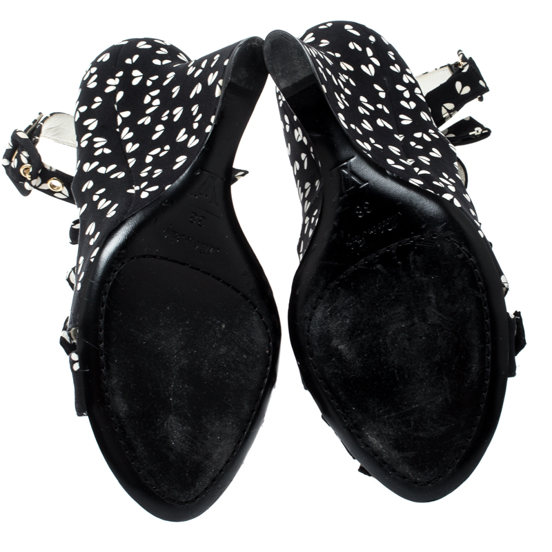 Louis Vuitton Black Printed Fabric Bow Ankle Strap Wedges Sandals Size 38 Louis Vuitton | TLC