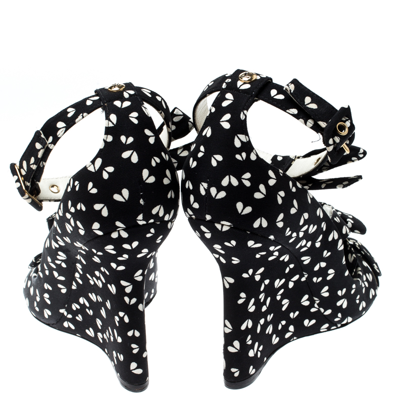 Pre-owned Louis Vuitton Black Printed Fabric Bow Ankle Strap Wedges Sandals Size 38