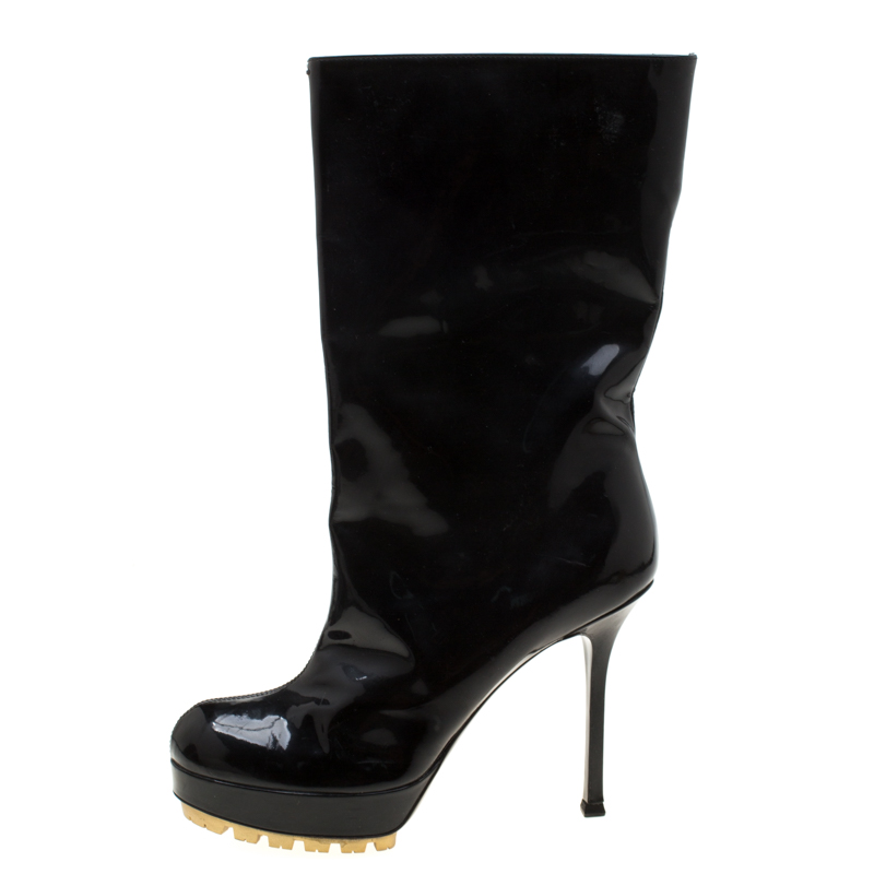 

Saint Laurent Paris Black Patent Leather Platform Mid Calf Boots Size