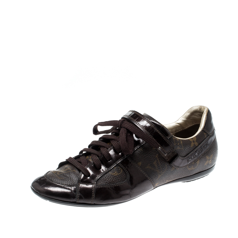 Louis Vuitton Brown Patent Leather And Monogram Canvas Lace Up Sneakers Size 36.5