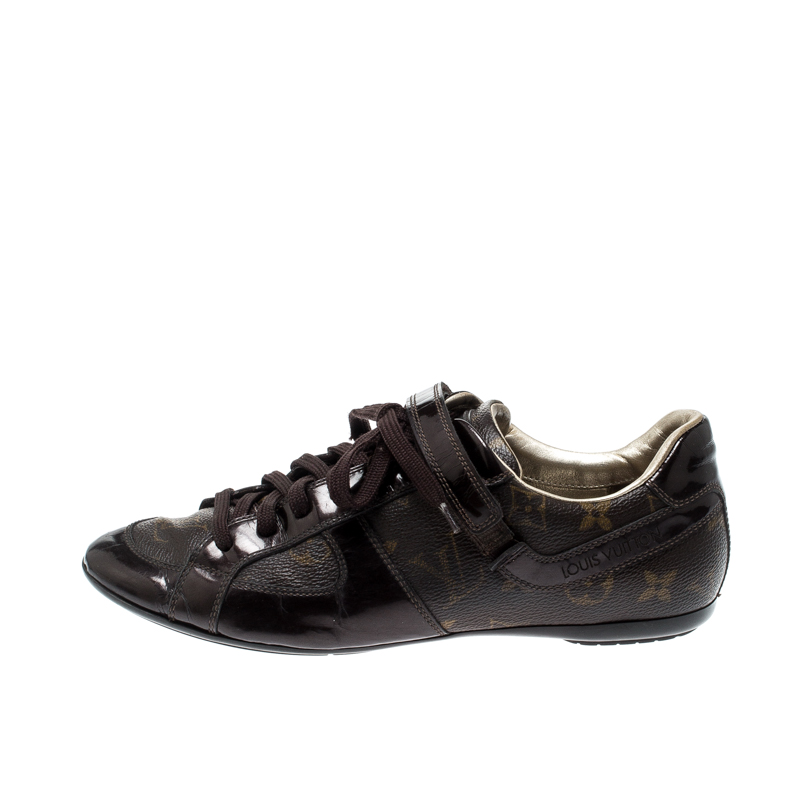 

Louis Vuitton Brown Patent Leather And Monogram Canvas Lace Up Sneakers Size