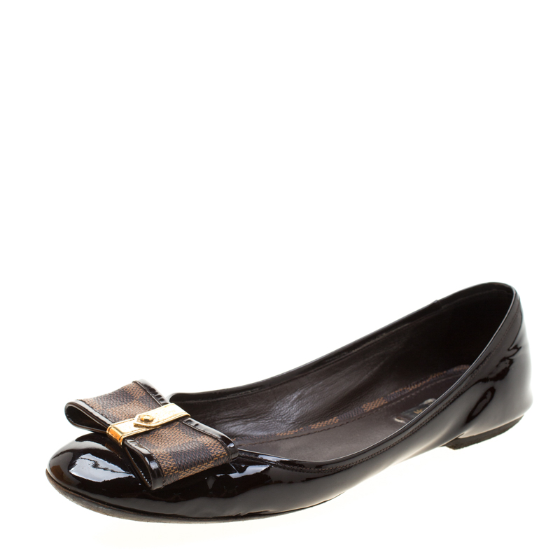 Louis Vuitton Brown Patent Leather And Damier Ebene Canvas Bow Ballet Flat Size 40