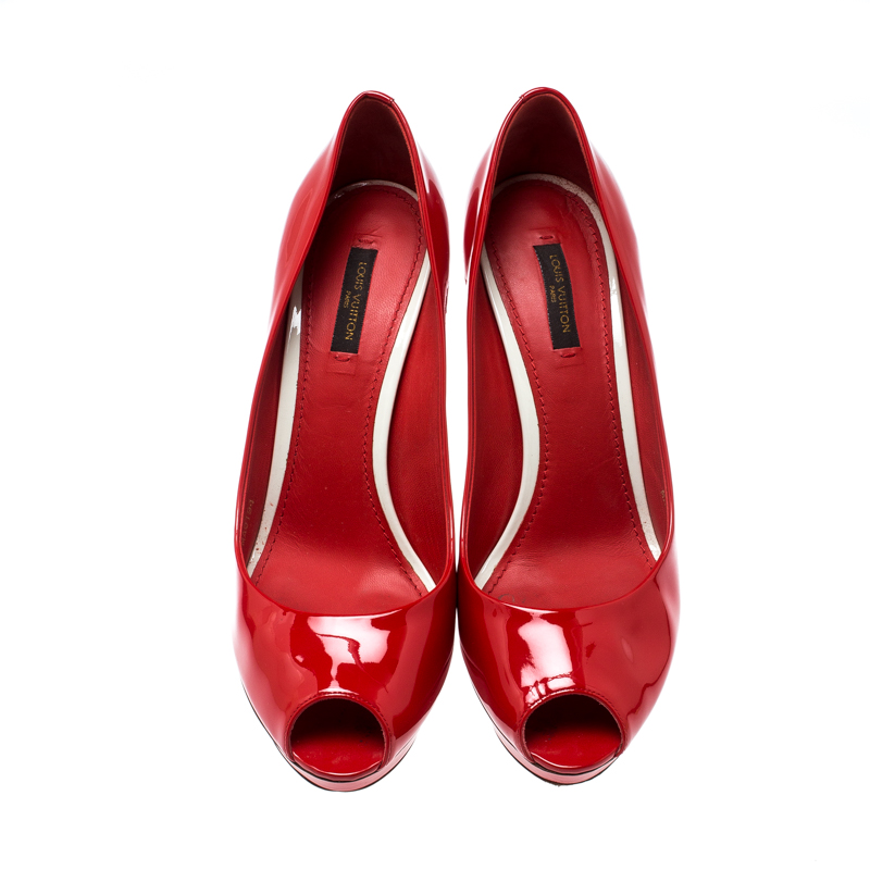 Louis Vuitton Red Patent Leather Eyeline Peep Toe Platform Pumps