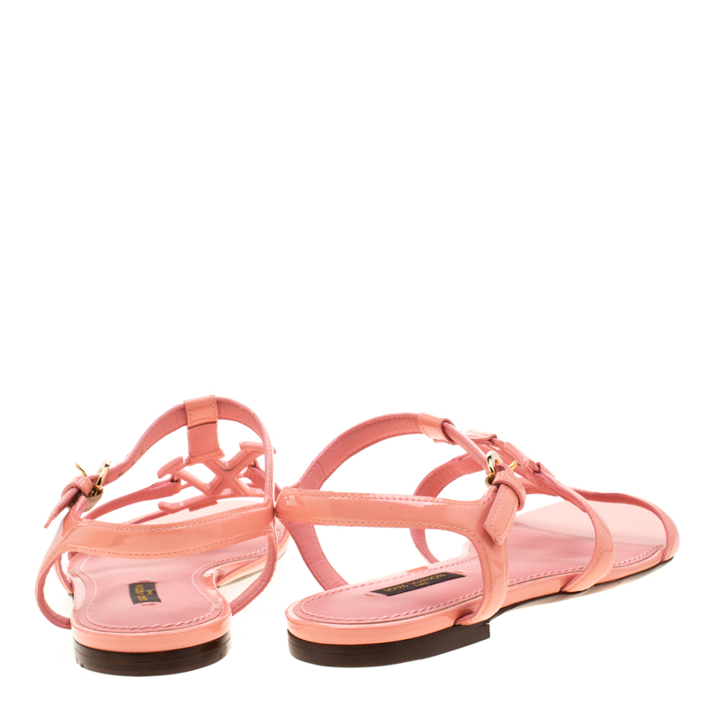 Louis Vuitton Pink Patent Leather Logo Detail Flat Sandals 37.5
