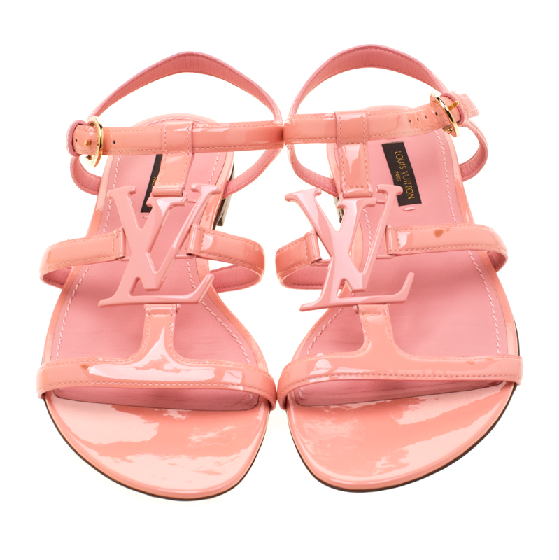 Louis Vuitton Pink Patent Leather Logo Detail Flat Sandals 37.5