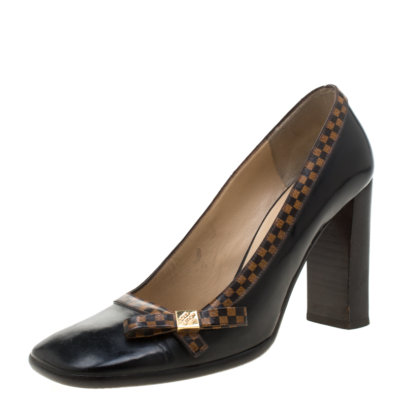 black leather block heel pumps