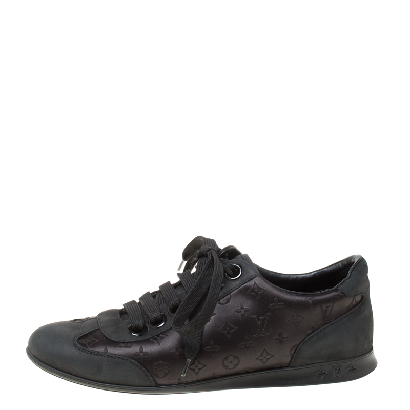

Louis Vuitton Black Monogram Satin And Leather Lace Up Sneakers Size