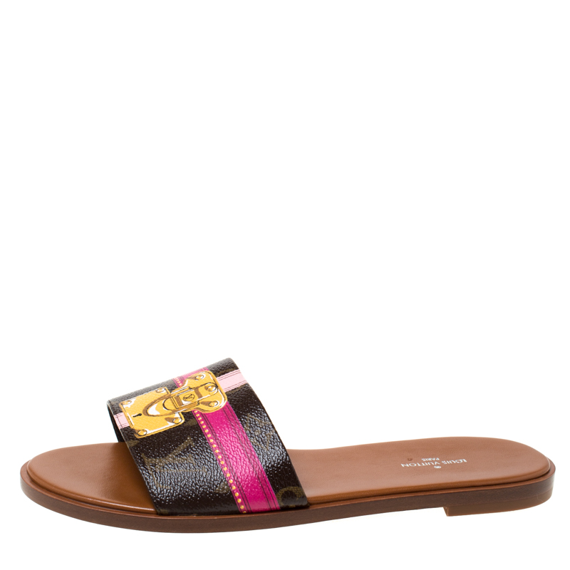 

Louis Vuitton Monogram Coated Canvas Lock It Flat Slides Size, Brown