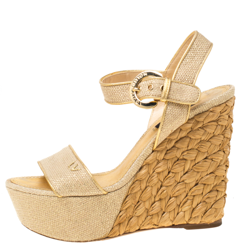 

Louis Vuitton Cream/Gold Canvas Tuileries Platform Wedge Ankle Strap Sandals Size