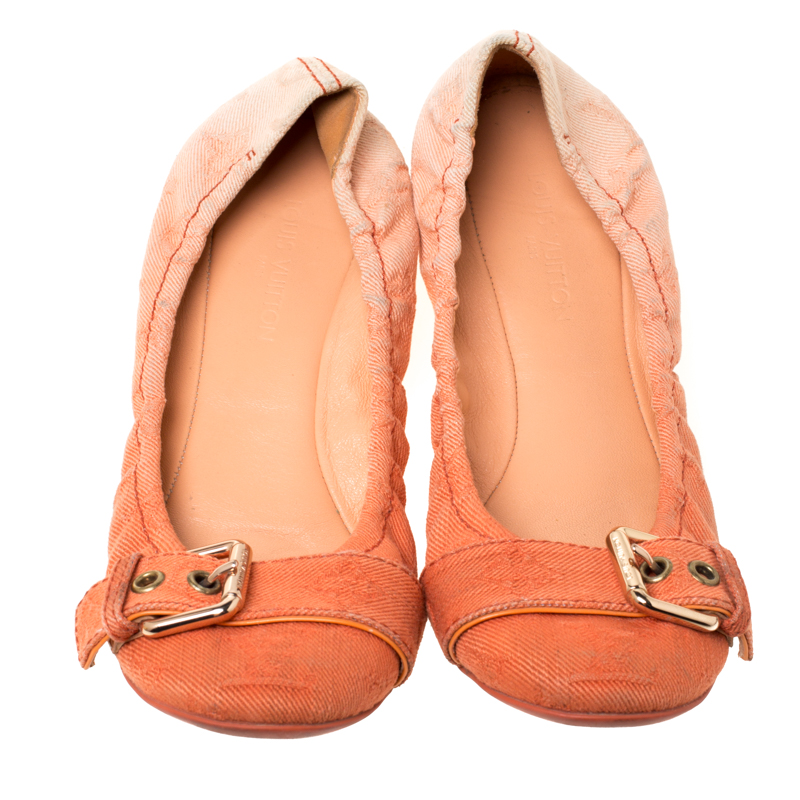 Pre-owned Louis Vuitton Two Tone Denim Buckle Scrunch Ballet Flats Size 37.5 In Orange