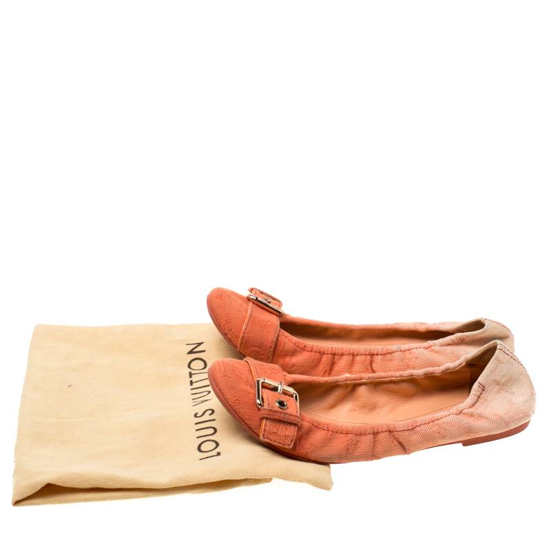 Pre-owned Louis Vuitton Two Tone Denim Buckle Scrunch Ballet Flats Size 37.5 In Orange