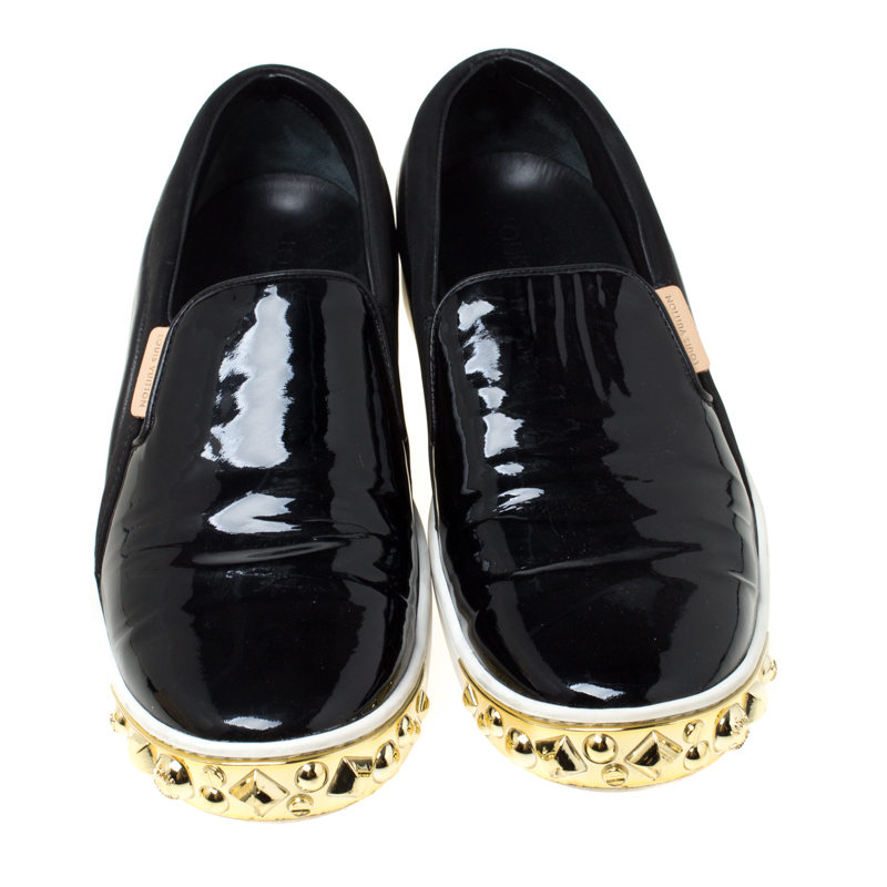 Pre-owned Louis Vuitton Black Patent Leather And Suede Studded Slip On Sneakers Size 36.5