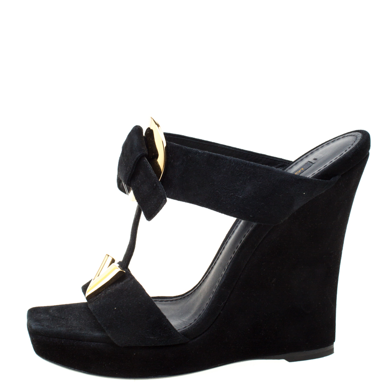 

Louis Vuitton Black Suede Double Strap Wedge Platform Sandals Size