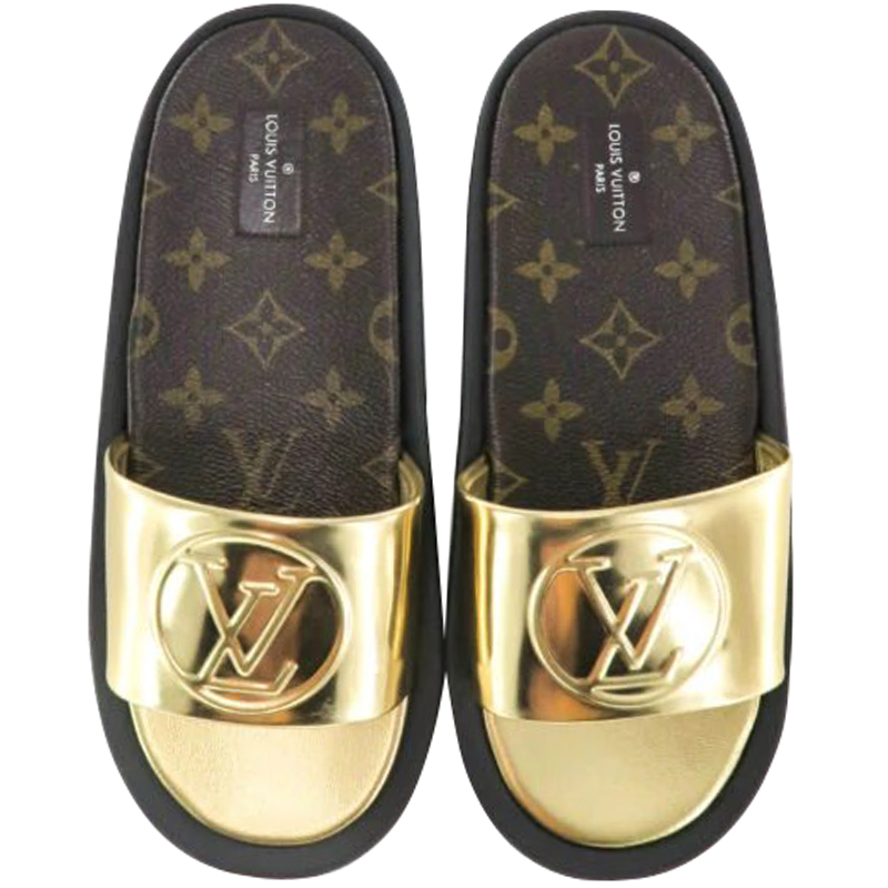 

Louis Vuitton Gold Monogram Canvas and Leather Flat Slides Size, Brown