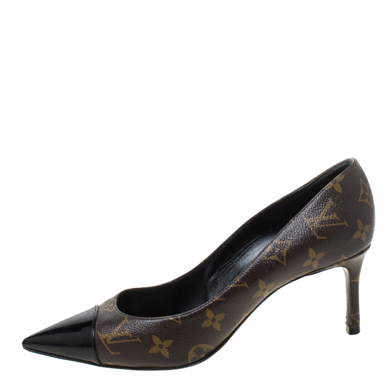 

Louis Vuitton Brown Monogram Canvas And Black Patent Leather Pointed Toe Pump Size