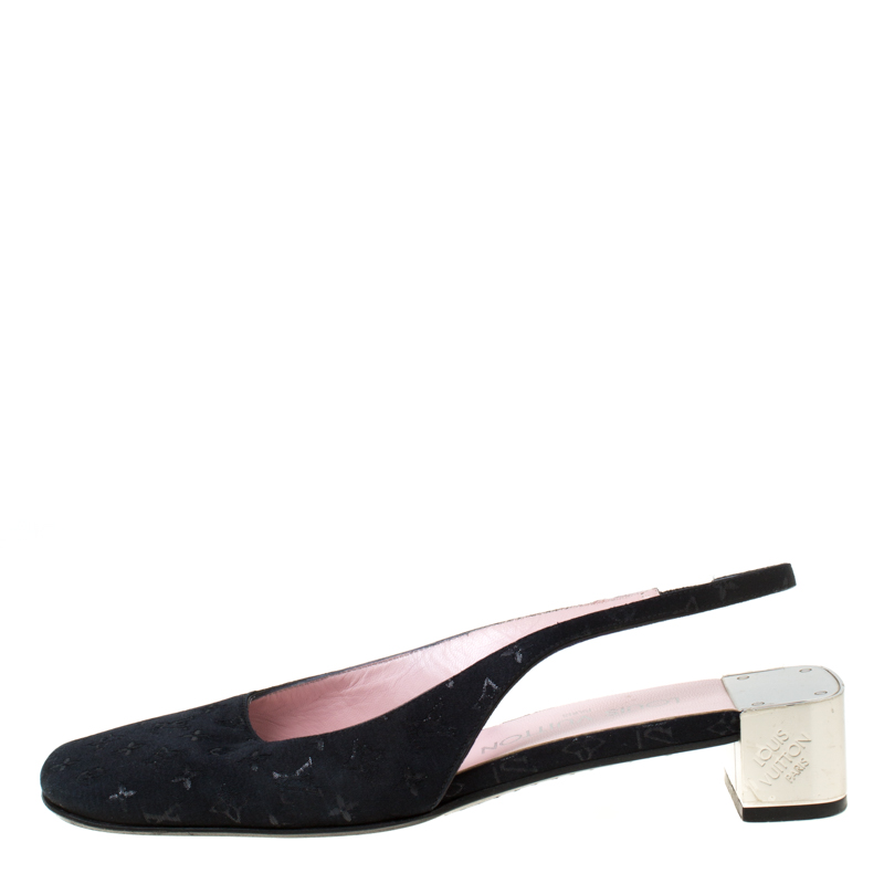 

Louis Vuitton Black Monogram Fabric Metal Block Heel Slingback Sandals Size