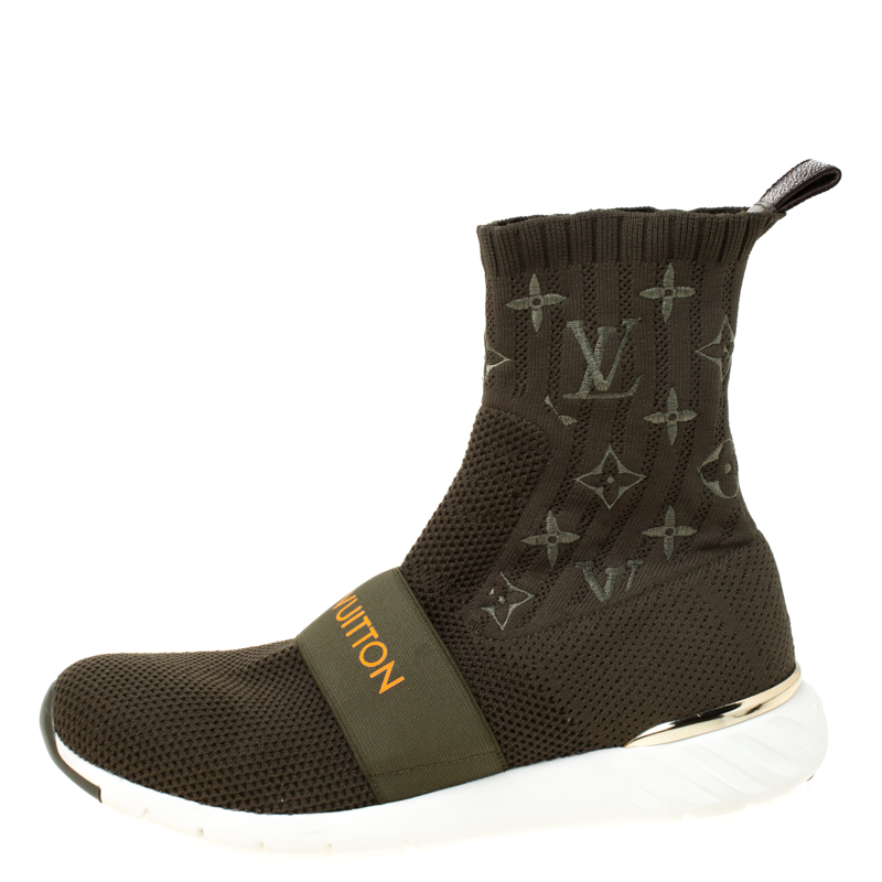 

Louis Vuitton Olive Green Monogram Embroidered Knit After Game Sock Boots Size