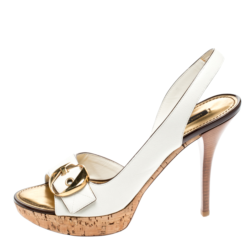 

Louis Vuitton White Leather Buckle Cork Platform Slingback Sandals Size