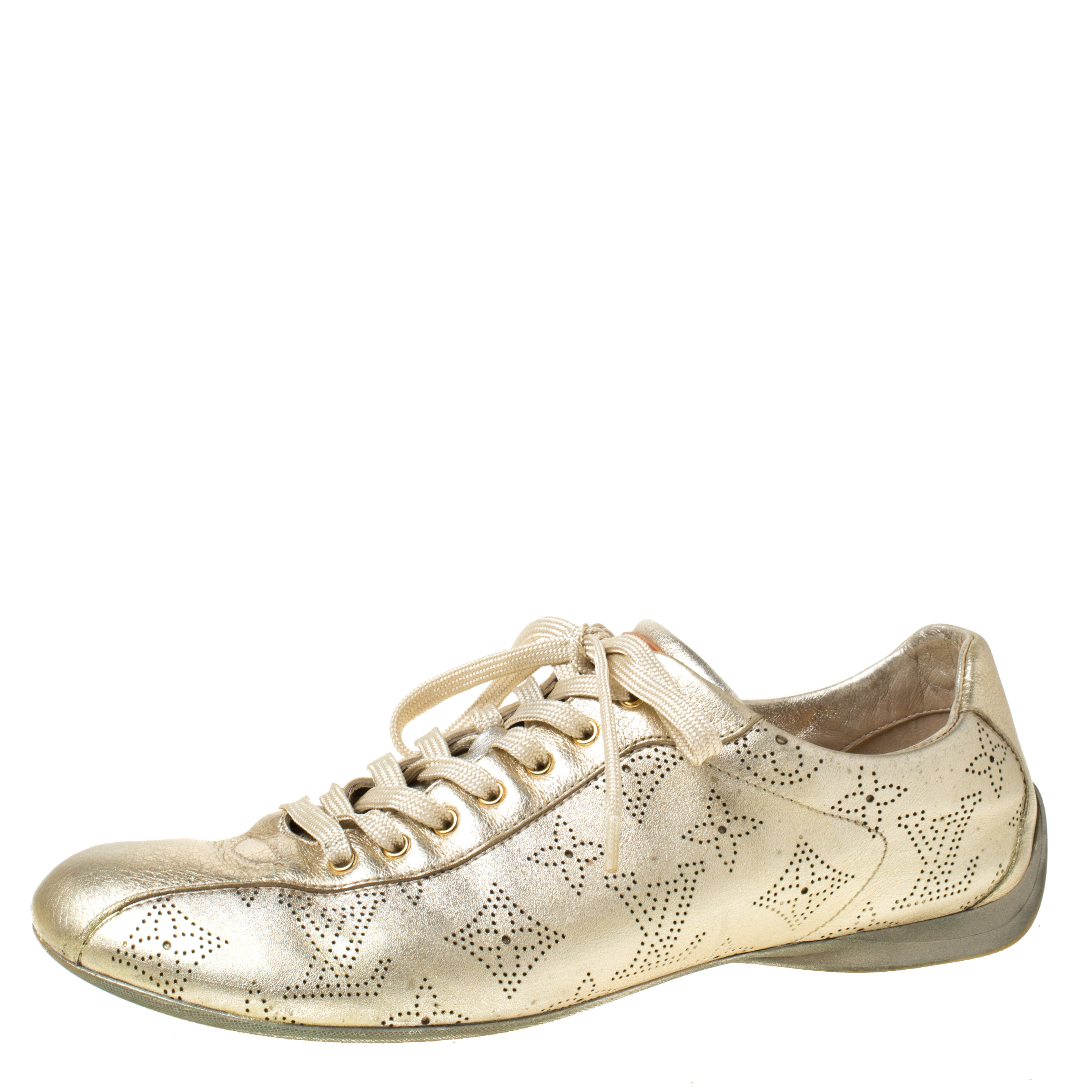 Louis Vuitton Gold Metallic Perforated Leather Lace Up Sneakers Size 39 ...