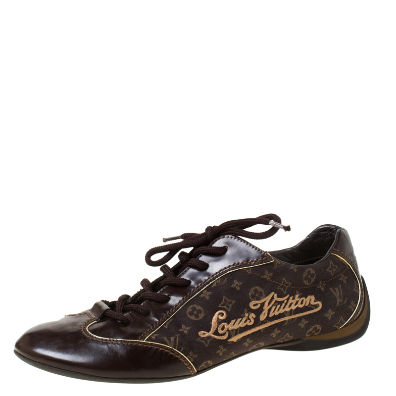Pre Owned Louis Vuitton Brown Monogram Idylle and Leather Logo Lace Up Sneakers Size 38.5