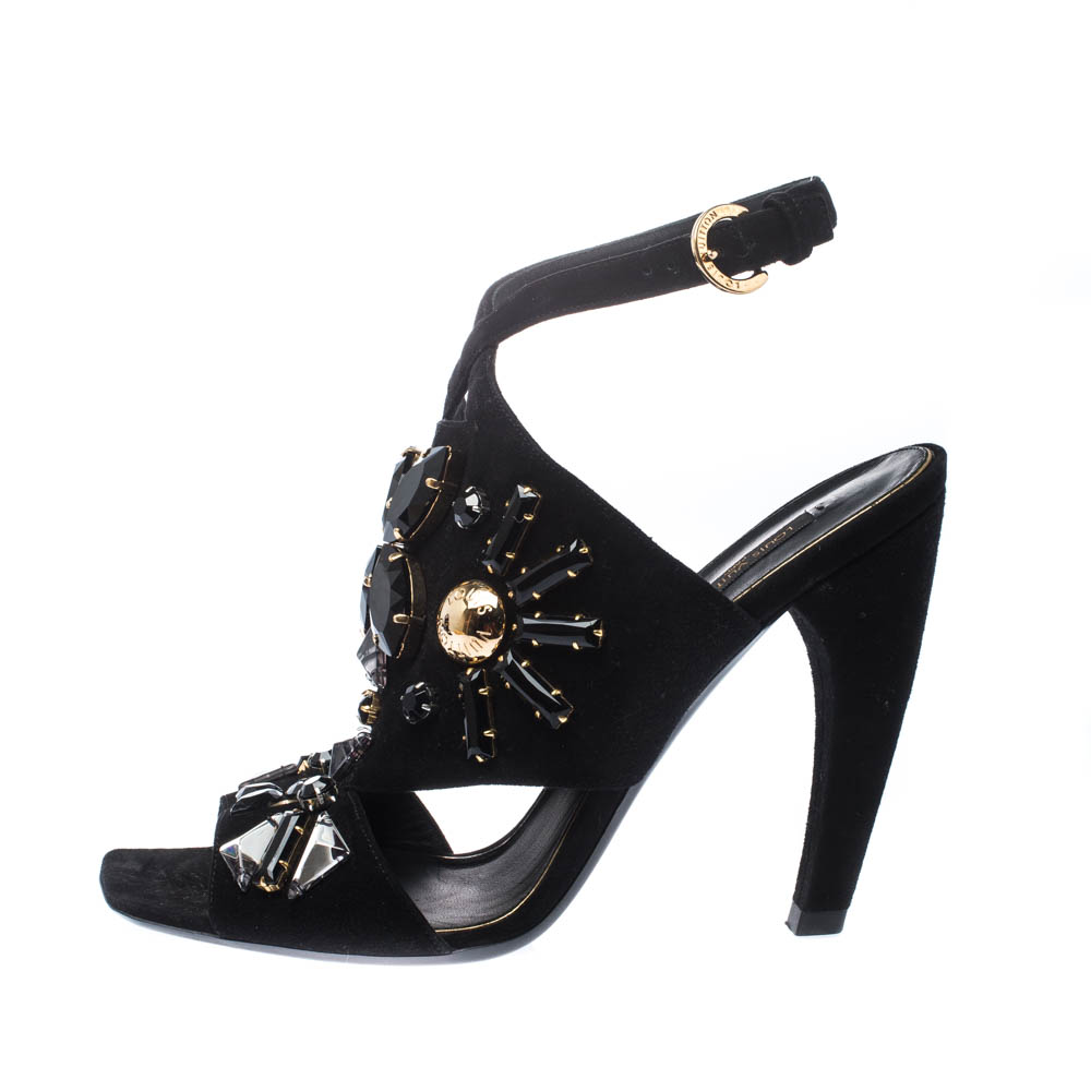 

Louis Vuitton Black Cut Out Suede Crystal Embellished Ankle Strap Sandals Size