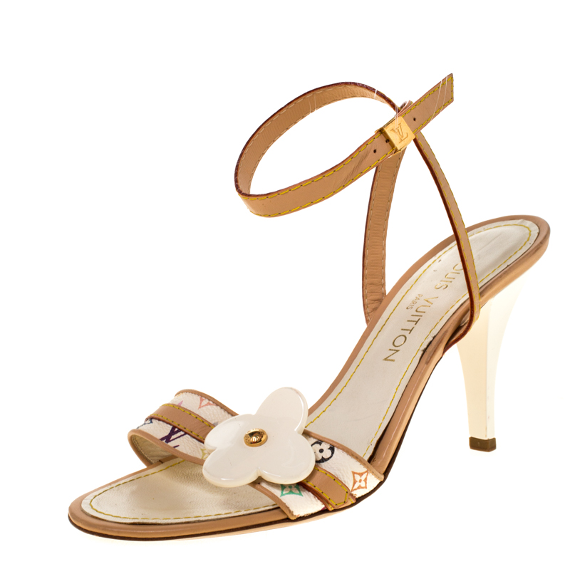 Pre Owned Louis Vuitton Beige Flower Monogram Multicolore Open Toe Ankle Strap Sandals Size 38.5