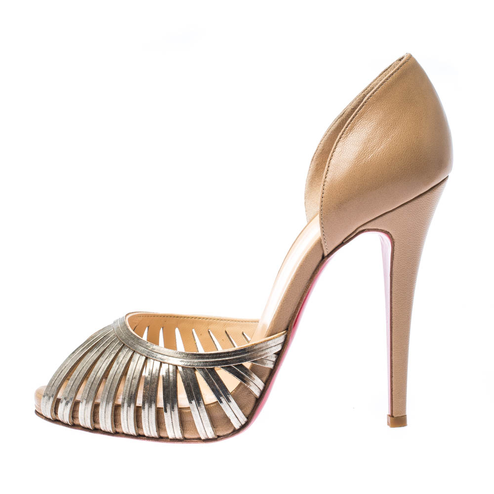 

Christian Louboutin Beige/Gold Lasercut Metal and Leather D'Orsay Peep Toe Pumps Size