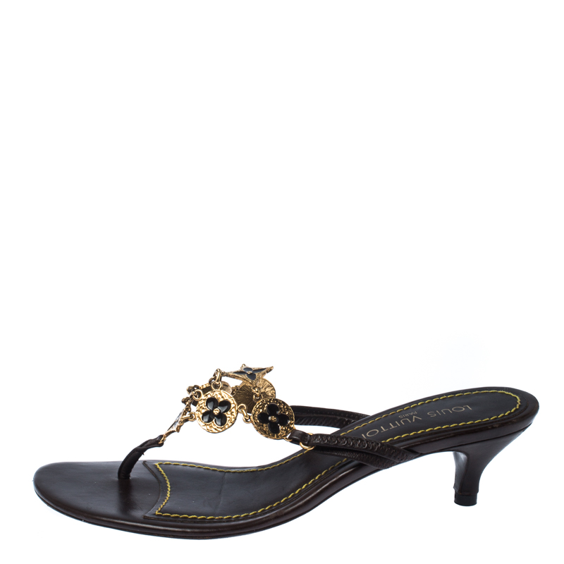 

Louis Vuitton Dark Brown Monogram Metal and Leather Thong Kitten Heel Sandals Size