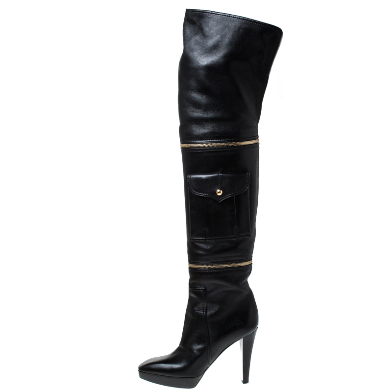 

Louis Vuitton Black Leather Chain And Pocket Detail Over The Knee Boots Size