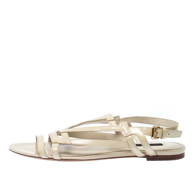 

Louis Vuitton Cream Patent Leather Crossing Logo Flat Sandals Size