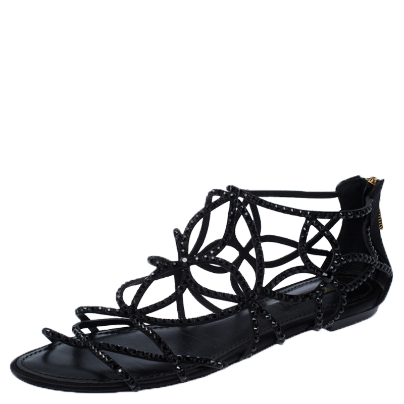 Louis Vuitton Black Leather/Satin Crystal Embellished Cut Out Flat ...