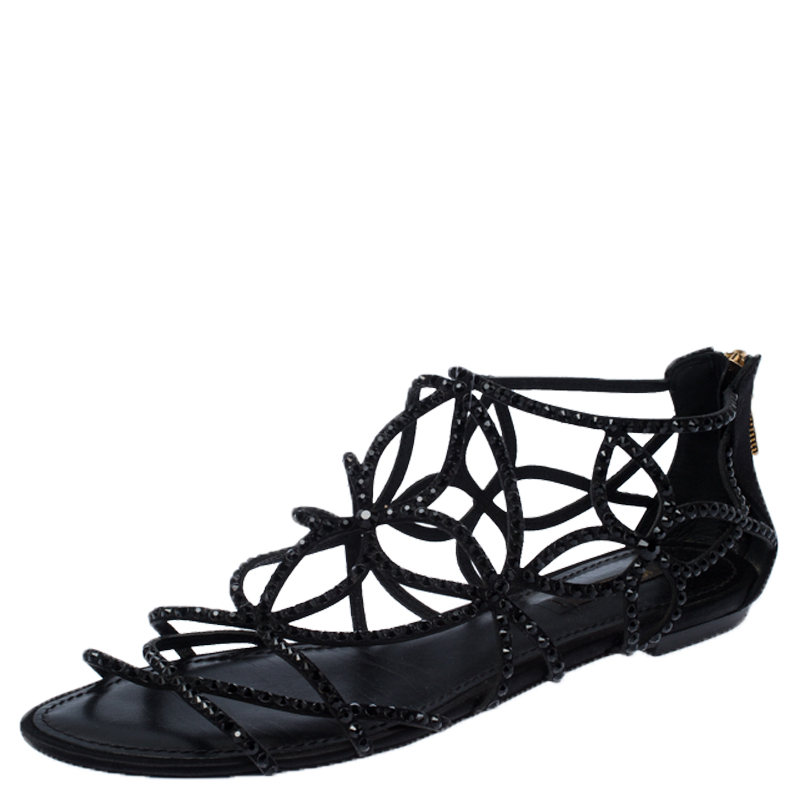 Louis Vuitton Black Leather/Satin Crystal Embellished Cut Out Flat Sandals Size 40