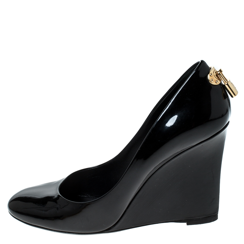 

Louis Vuitton Black Patent Leather Oh Really! Wedge Pumps Size