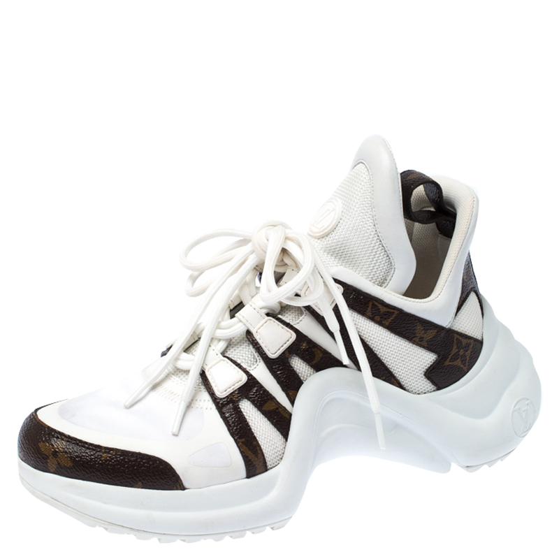 Louis Vuitton White/Brown Leather And Monogram Canvas Archlight Lace Up Sneakers Size 38