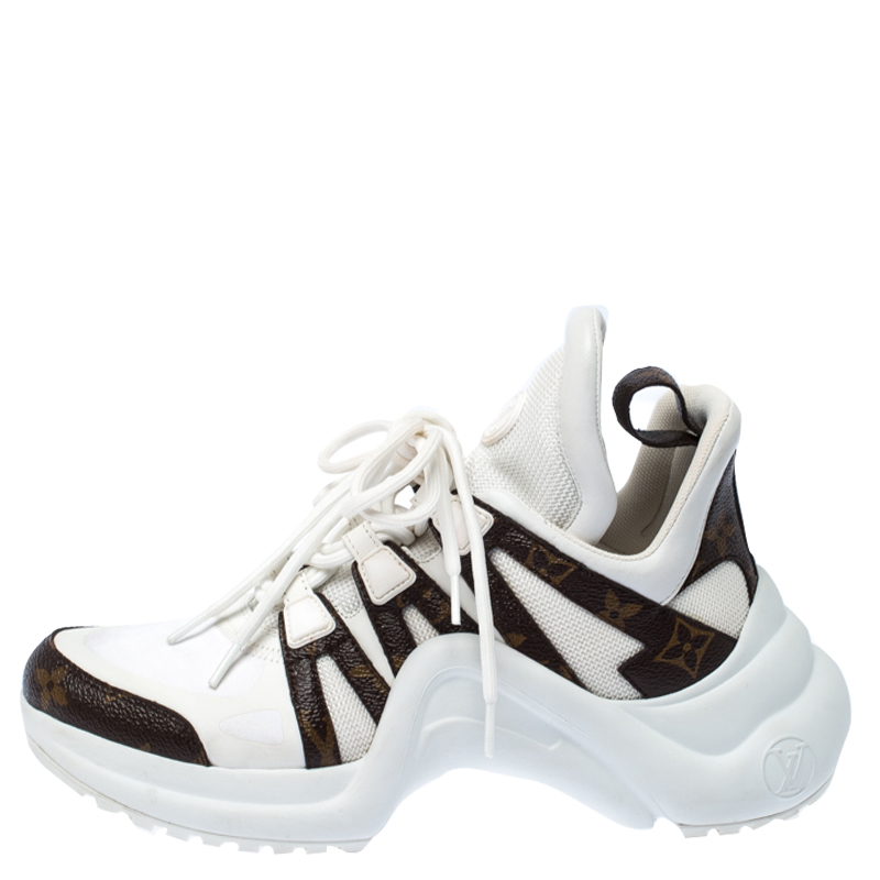 

Louis Vuitton White/Brown Leather And Monogram Canvas Archlight Lace Up Sneakers Size
