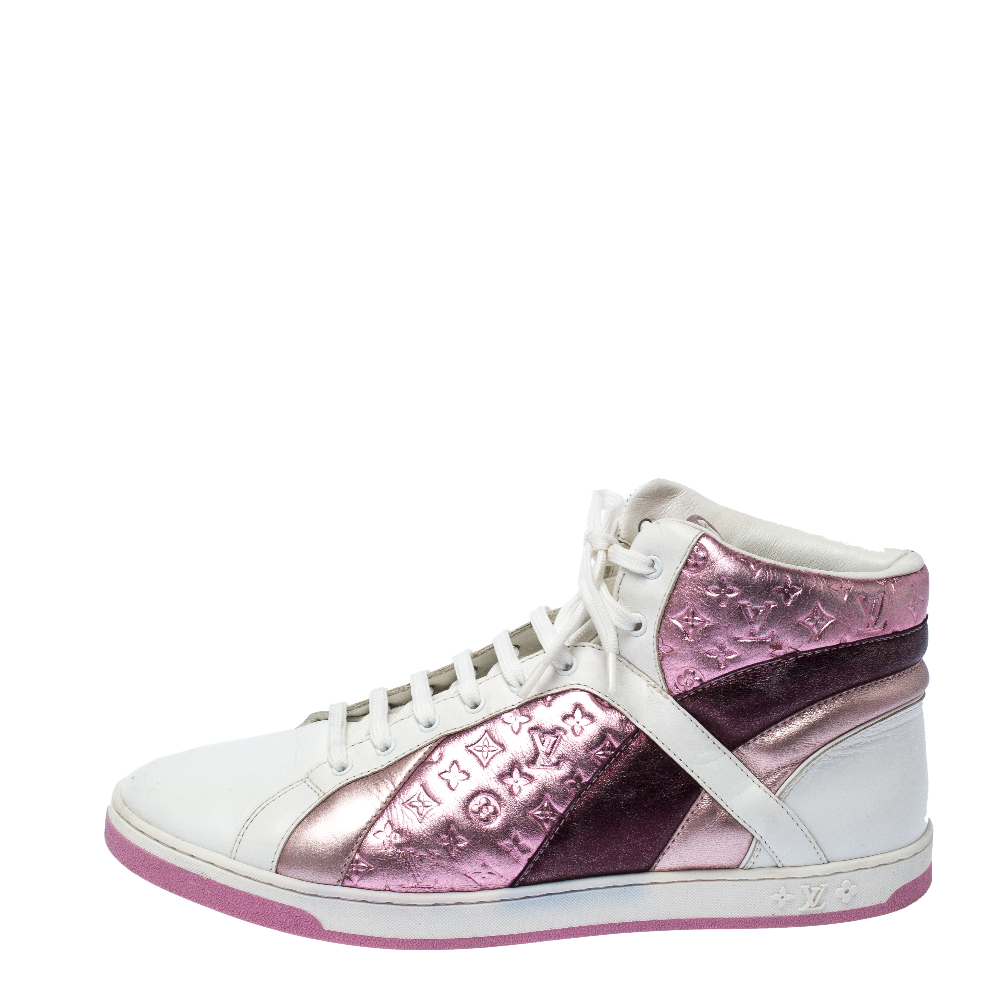 

Louis Vuitton Pink Metallic/White Monogram Leather Sydney High Top Sneakers Size