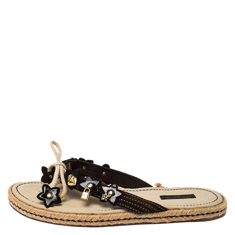 

Louis Vuitton Brown Suede Leather Charm Embellished Espadrille Flats Size