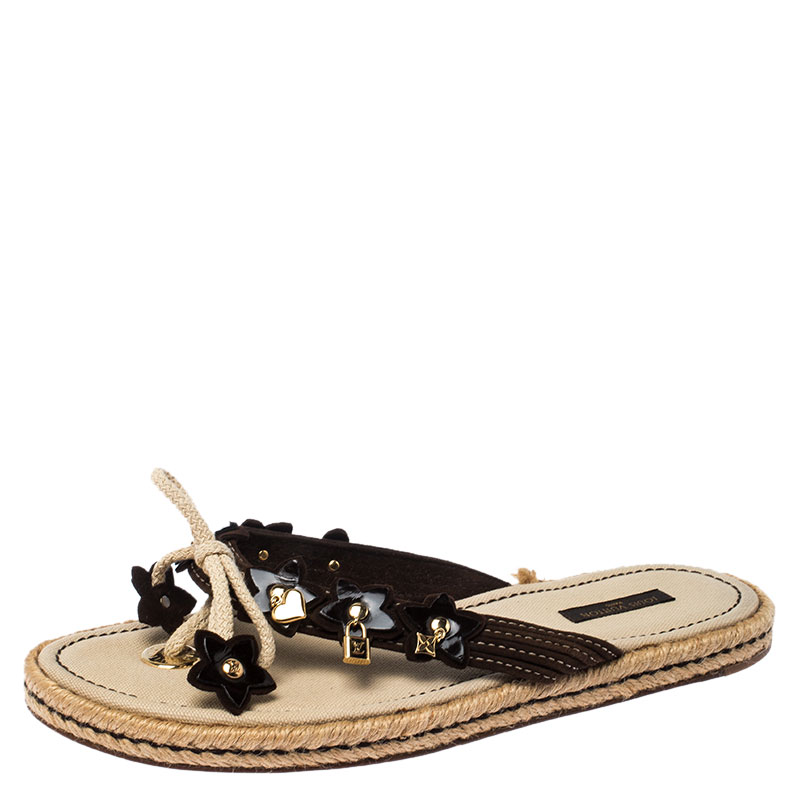 مملوكة مسبقًا صندل فلات اسبادريل لوي فيتون مزخرف بدلايه سويدي و جلد بني مقاس 39.5