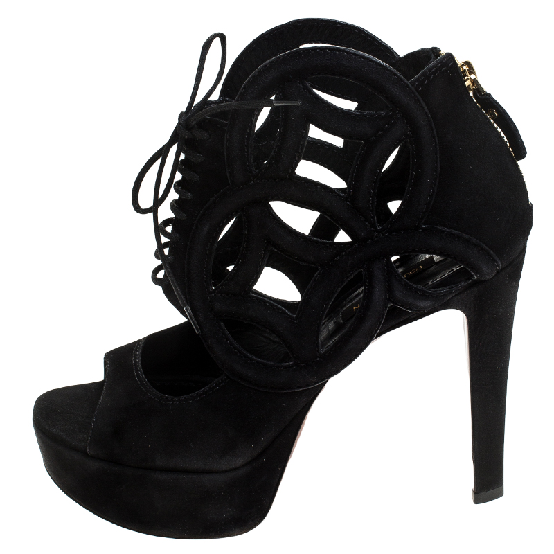 

Louis Vuitton Black Suede Cutout Platform Sandals Size