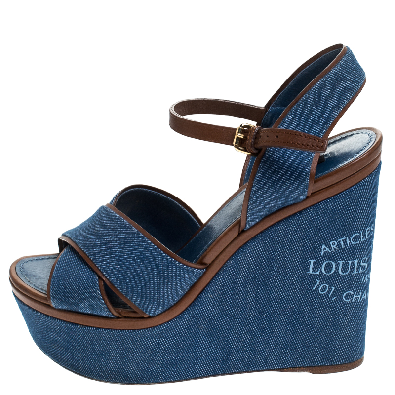 

Louis Vuitton Blue/Brown Criss Cross Denim Ankle Strap Platform Wedge Sandals Size