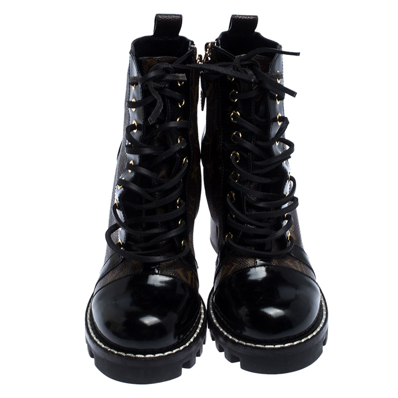 LOUIS VUITTON Patent Calfskin Monogram Star Trail Ankle Boots 38 Black  1203949