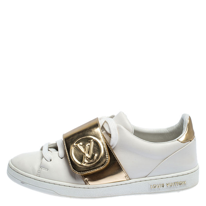 Louis Vuitton White & Gold Leather Front Row Low Top Sneakers Shoes 36
