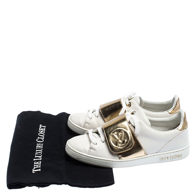 LOUIS VUITTON white and gold leather FRONT ROW Low Top Sneakers Shoes 36  For Sale at 1stDibs
