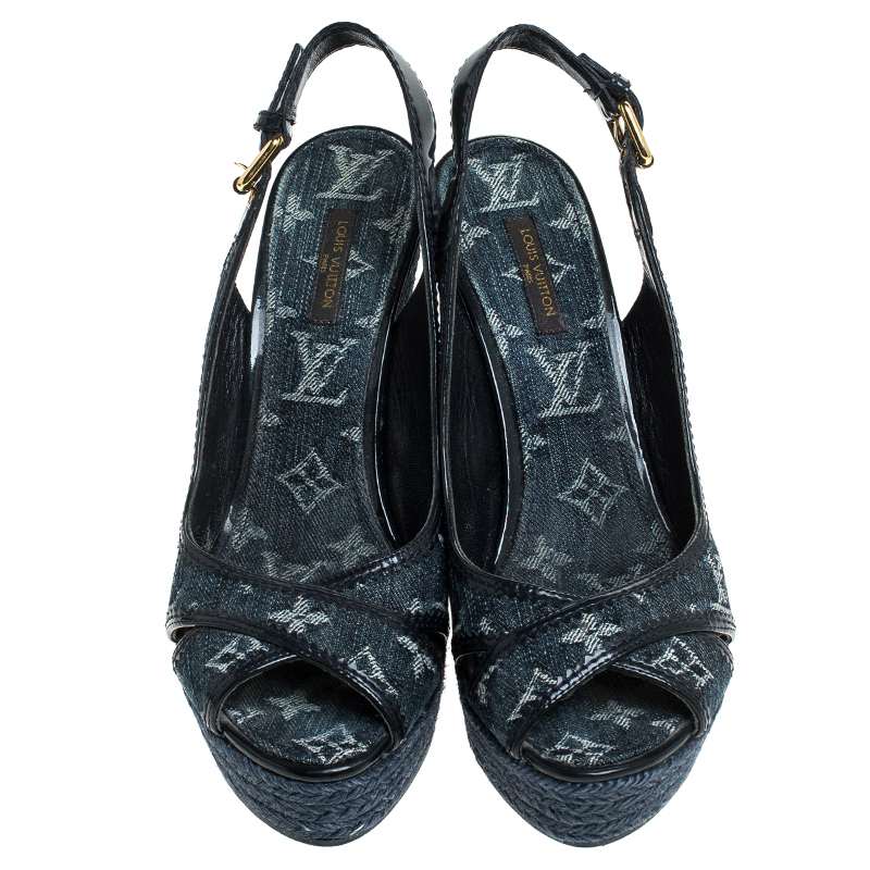 Louis Vuitton Denim Monogram Bastille Espadrilles Slingback Wedge Sandals  Size 37 Louis Vuitton