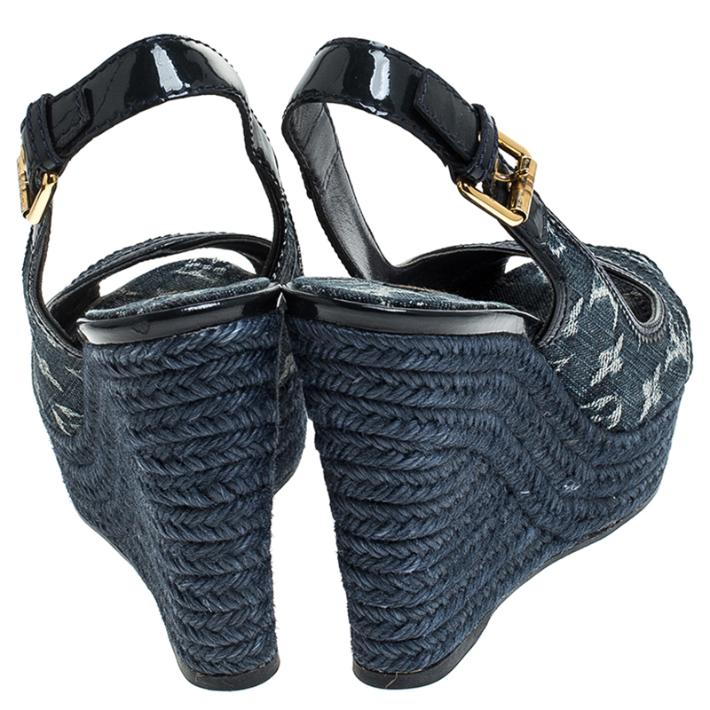 LV Denim Monogram Bastille Espadrilles Slingback Wedge Sandals