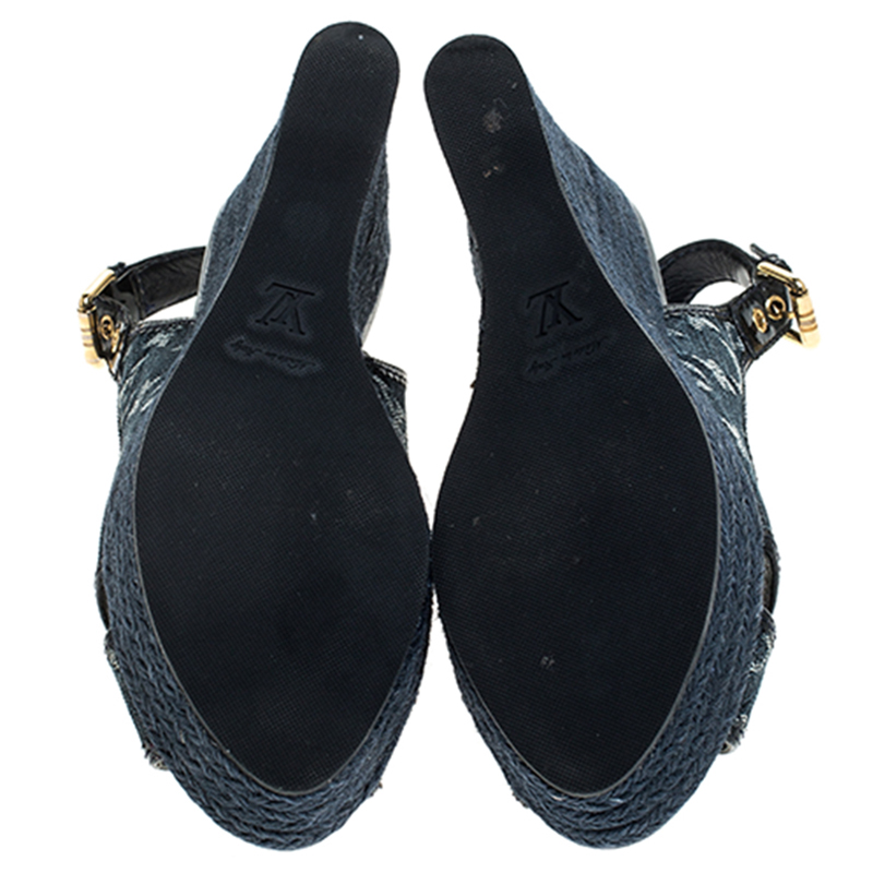 Louis Vuitton Black Monogram Denim Bastille Espadrilles Slingback Wedge  Sandals Size 38.5 Louis Vuitton