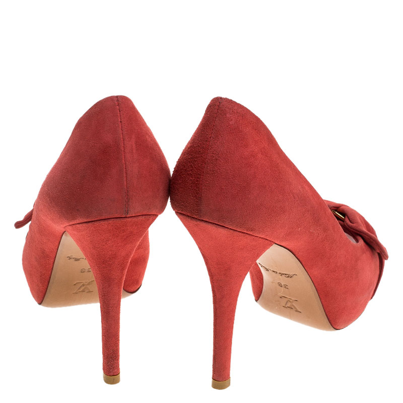 Pre-owned Louis Vuitton Red Suede Catania Peep Toe Platform Pumps Size 38