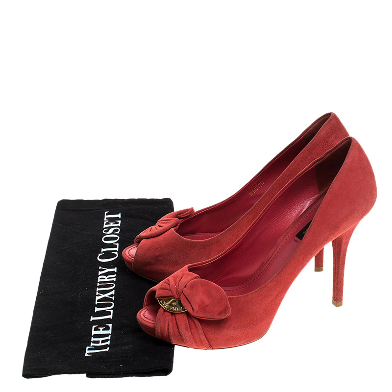 Pre-owned Louis Vuitton Red Suede Catania Peep Toe Platform Pumps Size 38