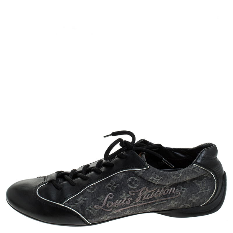 Louis Vuitton Black Monogram Denim and Leather Lace Tennis Sneakers Size  38.5 Louis Vuitton